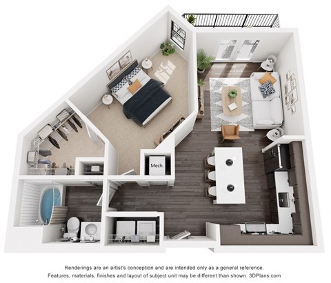 1 bedroom floor plan at Artisan Flats in Birmingham, AL